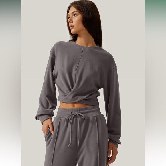 Women 2 Piece Outfits Sweatpants Set Twist Front Cropped Sweatshirt Wide Leg L - Picture 4 of 5